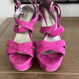 Hot pink suede platform sandals